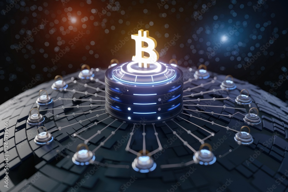 Poster Bitcoin's decentralized network visualized as a futuristic globe with interconnected nodes, showcasing its global reach and secure blockchain technology.