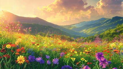 Vibrant Meadow with Colorful Flowers Under Sunset Sky