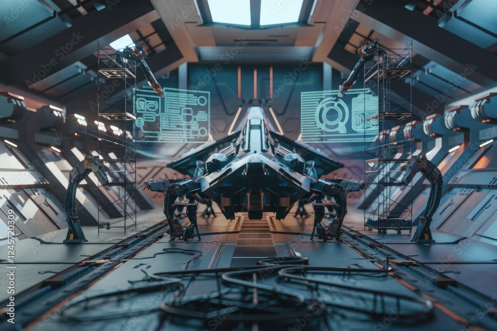 Poster futuristic spaceship undergoing maintenance in a high-tech hangar with robotic arms and holographic 