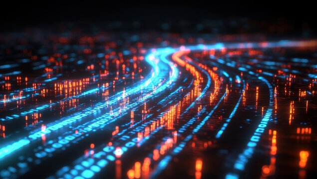 Abstract representation of digital data flow with glowing blue and red lines on a dark background, symbolizing technology and connectivity in the digital age