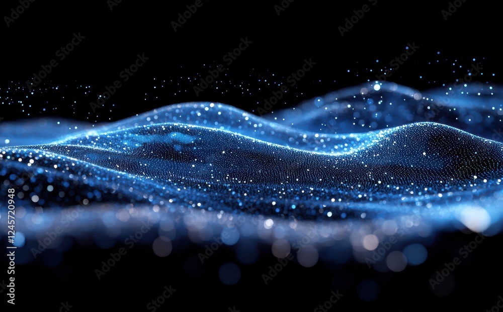 Poster abstract representation of shimmering waves and particles in blue tones over a dark background creat
