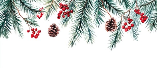 Festive winter background featuring evergreen branches with pine cones and red berries against a white backdrop, capturing holiday cheer and nature.