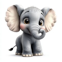 Cute baby elephant with big floppy ears and a tiny trunk, isolated on white background