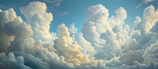 Dramatic sky with vibrant white fluffy clouds in soft pastel tones of blue and cream, showcasing diverse cloud formations and textures.