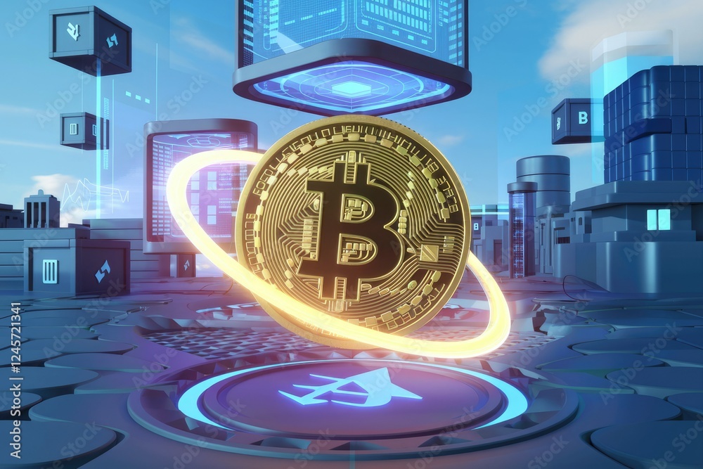 Poster a golden bitcoin cryptocurrency coin floats above a futuristic cityscape representing blockchain tec