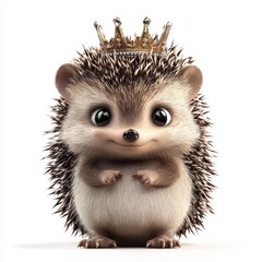 Cute hedgehog wearing a tiny crown, isolated on white background