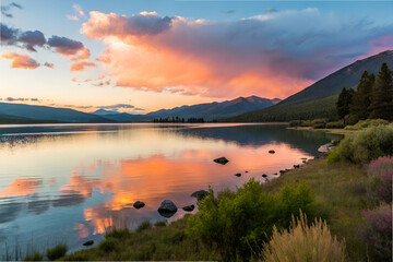 Fototapeta premium A serene lake at sunset reflecting colorful clouds and mountains, surrounded by lush greenery and rocky shoreline.