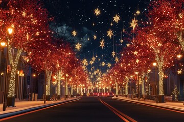 Autumnal Cityscape: Red Maple Trees Line a Charming Street, Evoking a Sense of Tranquil Urban Beauty. Perfect for fall-themed designs, travel brochures, city guides, and more. The vibrant foliage     