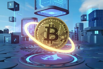 Fototapeta premium Bitcoin cryptocurrency in futuristic cityscape, showcasing blockchain technology and digital finance.