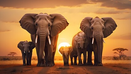 Obraz premium Elephant Family at Sunset