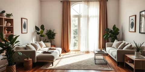 Fototapeta premium A cozy living room viewed through a large window, with stylish furniture and soft natural light, bright, window, rug