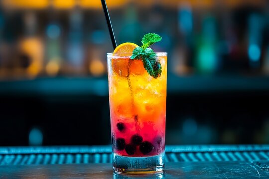 Layered cocktail, bar, blueberries, mint, ice,  sunset colors, nightlife, drinks menu