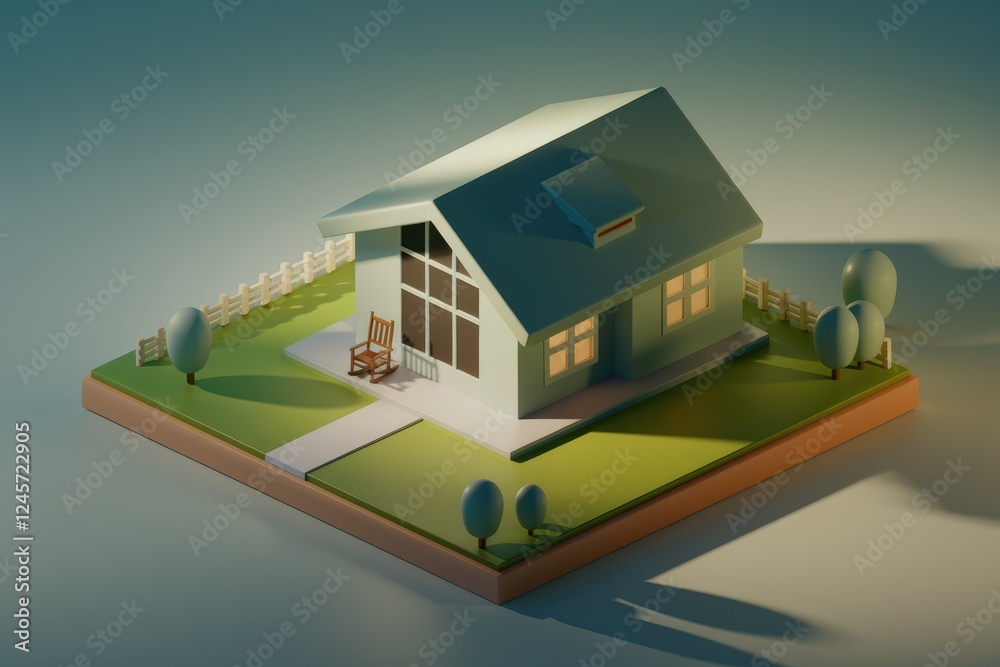 Poster low-poly 3d model of a charming house with a porch and small yard, illuminated by soft evening light