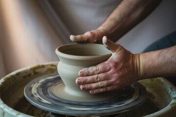 A potter's hands skillfully shape clay on a spinning wheel, creating a beautiful vessel.