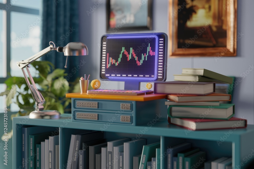 Poster A modern workspace displaying cryptocurrency charts on a computer screen, surrounded by books and a desk lamp.
