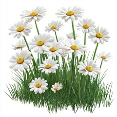 Daisy meadow with white flowers swaying in the breeze, isolated on white background