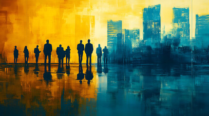 Corporate discussion in a digital art workspace urban cityscape visual representation professional environment aerial view innovative concepts