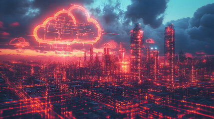 Cloud computing software engineering trends in urban landscape digital art evening sky futuristic viewpoint