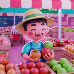 A cheerful cartoon boy in a straw hat happily holds oranges and apples at a vibrant farmer's market.