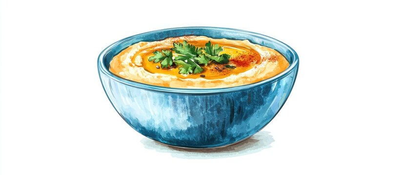 A vibrant blue bowl filled with creamy hummus topped with a drizzle of olive oil cumin and fresh parsley garnishing the rich dip