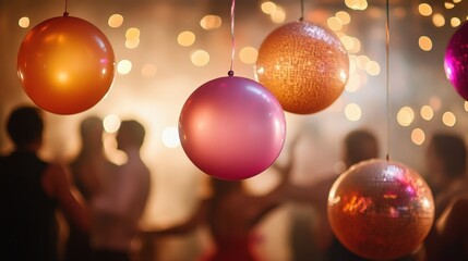 A lively party scene showcasing colorful hanging ornaments illuminated by warm lights, capturing the essence of celebration, joy, and connection among people at a festive event.