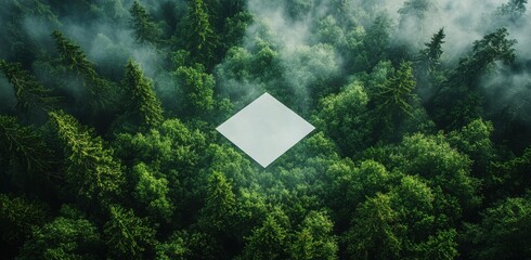 Aerial View of Lush Green Forest with Mist and Geometric Shape in Center Creating a Unique Contrast in Nature's Scenic Landscape