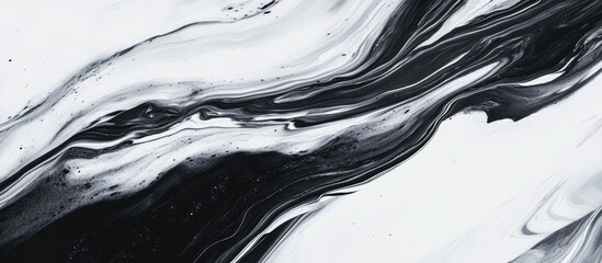 Black and white abstract marble texture with flowing wave curves and subtle oil water effects creating a dynamic artistic appearance