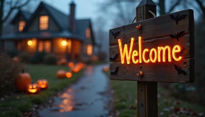 Neon Welcome Sign in Spooky Halloween Yard at Dusk, Halloween Decoration