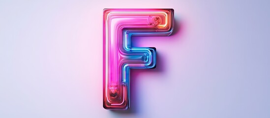 Vibrant neon letter F in 3D design with pink and blue hues against a clean white background showcasing geometric shapes and creative flair