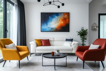 Modern living room, sofa, chairs, artwork, window, relaxation