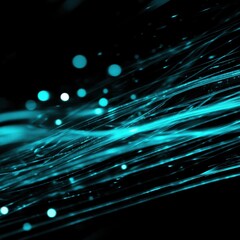 Dark blue background with small white dots and glowing cyan streaks in a cyberpunk style design