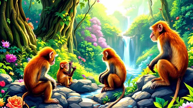 Serene Monkey Family by Waterfall in Lush Jungle Paradise