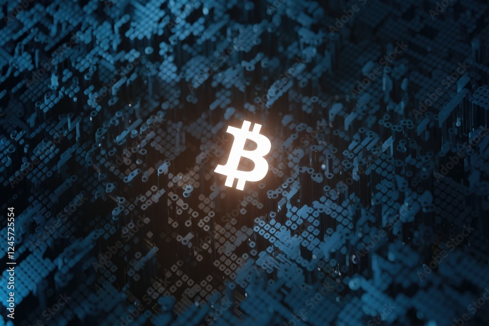 Poster Bitcoin symbol glowing on a complex digital circuit board, representing cryptocurrency's technological foundation.