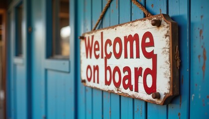 Rustic "Welcome on Board" sign on blue wall, inviting maritime decor