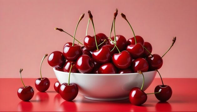 Un cuenco blanco lleno de cerezas rojas brillantes, sobre un fondo rojo s&oacute;lido. Las cerezas son vibrantes y brillantes, con tallos verdes visibles