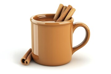3D Render of a Mug of Spiced Cider with Cinnamon Sticks, Isolated on White Background