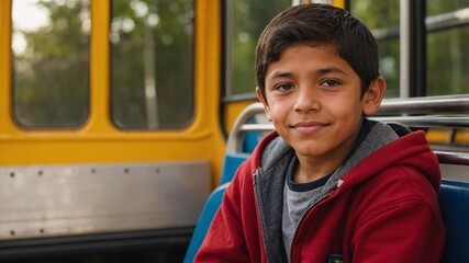 Sitting on a vibrant yellow bus seat, a young boy smiles warmly, radiating joy and curiosity during a sunny afternoon adventure in the city