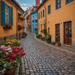 Fototapeta premium A charming cobblestone street in a small European town, lined with colorful buildings and flowers spilling from windows.