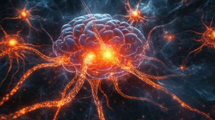 Fototapeta premium Stock illustration showing a digital brain with neural connections lighting up, representing cognitive processing in neuroscience.