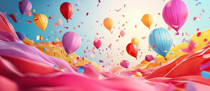 Colorful hot air balloons in pink, orange, and blue drift above a vibrant landscape with flowing pink and golden waves, symbolizing new beginnings.