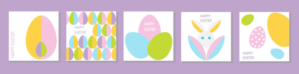 Set of Happy Easter cards in modern minimalistic style with geometric shapes, eggs. Abstract template for poster, branding, advertising, postcard, prints, banner.