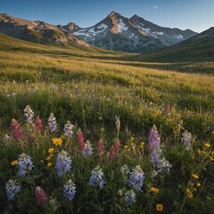 Obraz premium A peaceful mountain meadow filled with wildflowers, with a distant mountain range and clear blue skies overhead.
