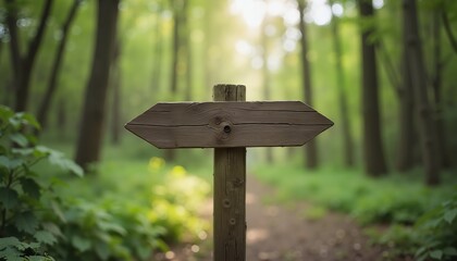 Rustic wooden arrow sign in lush green forest, nature navigation concept