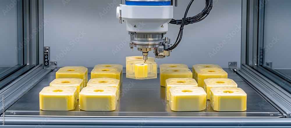 Poster automated robotic arm precision-processing of yellow cuboid objects within a controlled environment.