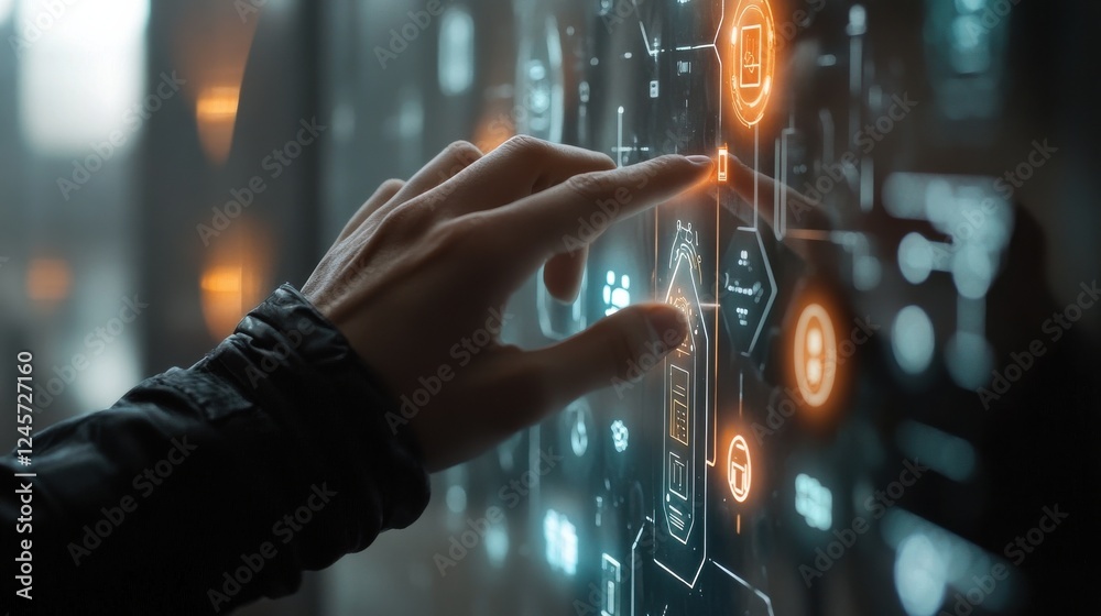 Poster futuristic user interacting with digital interface touchscreen display