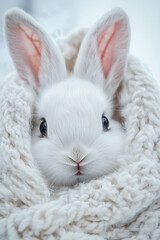 A cute, white little rabbit is wrapped in soft, knitted fabric, with clear details and bright colors on its face. Cute pet wallpaper