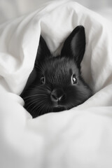 Cute and funny animal cover with black rabbit, cute and fluffy bunny peeking out from under the white blanket. 