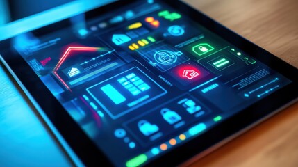 Smart Home Control Interface on Digital Tablet Displayed on Table