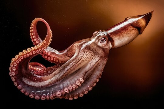 A mesmerizing Humboldt squid, showcasing its powerful tentacles and striking coloration against a dark background.