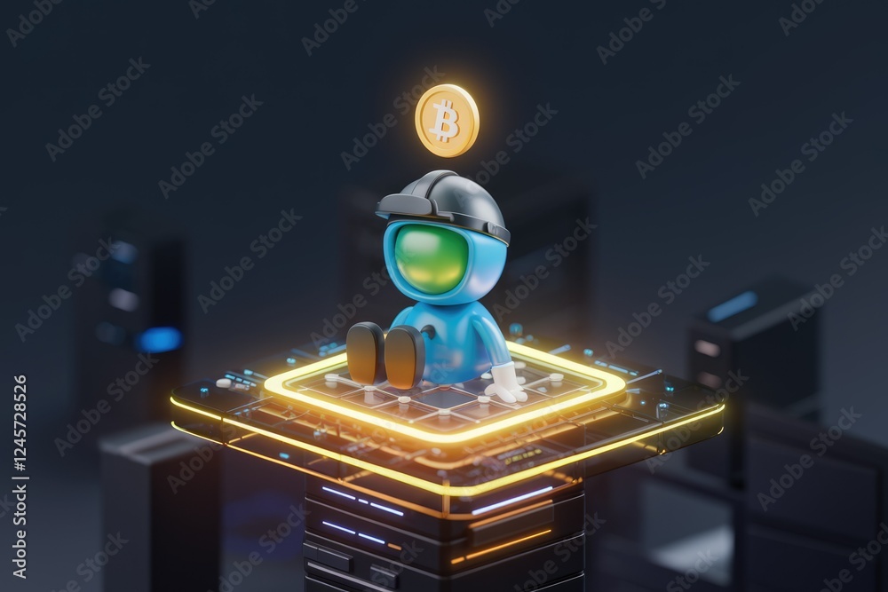 Poster a 3d-rendered miner sits atop a futuristic tech platform, a bitcoin symbol hovering above, symbolizi